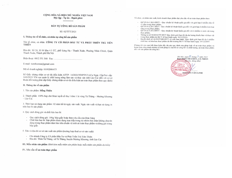 Bản tự công bố sản phẩm Hồng Thiên