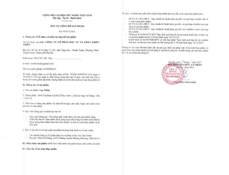Bản tự công bố sản phẩm Lục Thiên