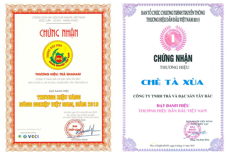 Giấy chứng nhận của thương hiệu Trà Shanam 