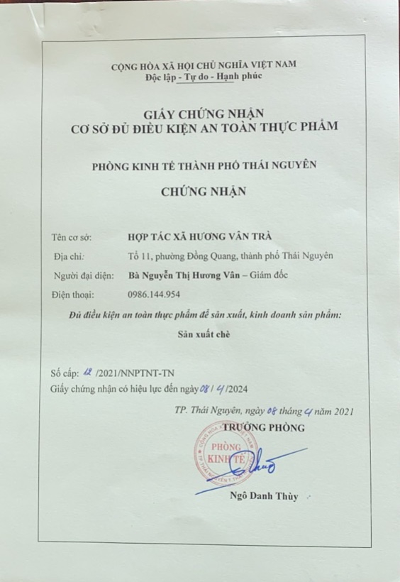 Giấy chứng nhận Cơ sở đủ điều kiện An toàn Thực phẩm.
