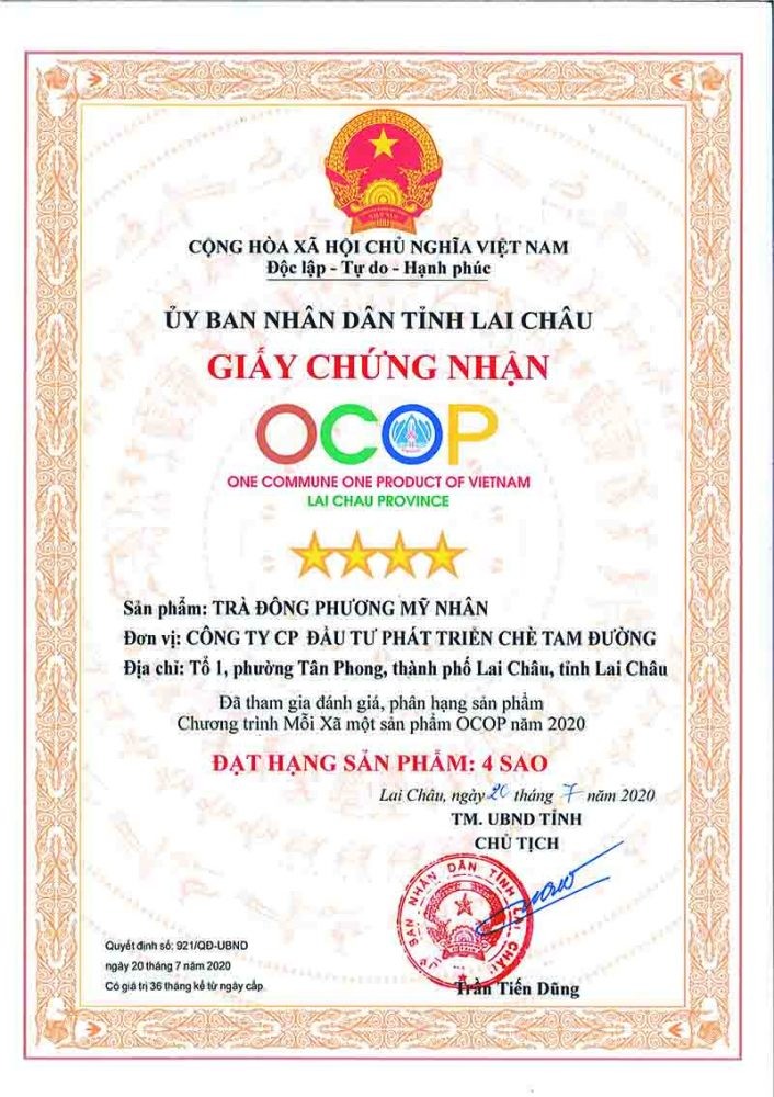 Giấy chứng nhận OCOP Trà Đông Phương Mỹ Nhân 