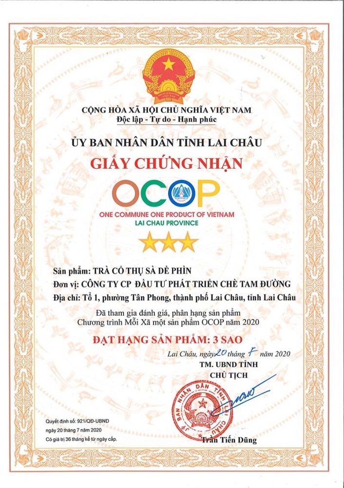 Giấy chứng nhận OCOP Trà Sà Dề Phìn