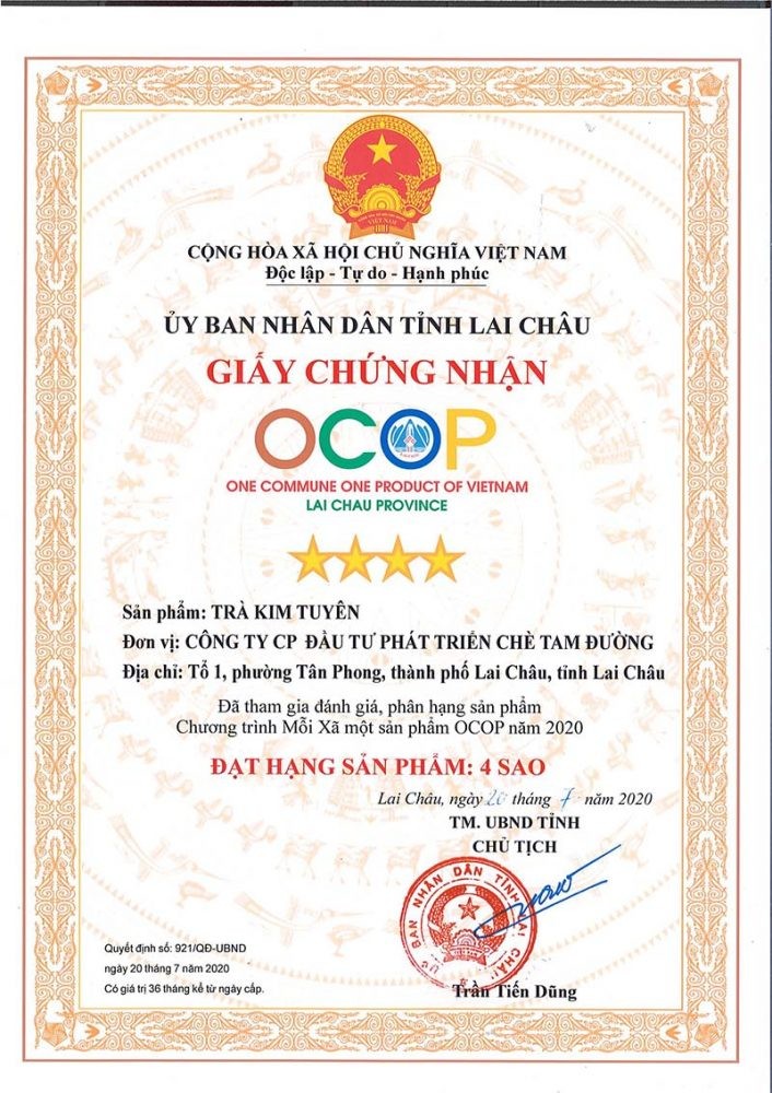 Giấy chứng nhận OCOP Trà Kim Tuyên 