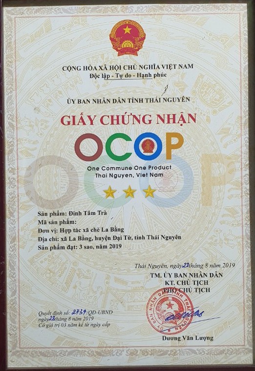 Giấy chứng nhận OCOP 3 sao của sản phẩm Đinh Tâm Trà